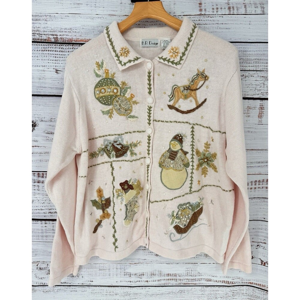 Vintage Ugly Christmas Sweater Women's‎ XL Pink Winter Holiday Beaded Cardigan